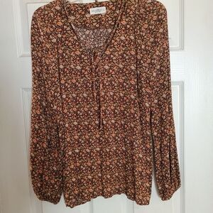 NATURAL LIFE Brown Floral Tie-Front Long Sleeve Top with Orange Accents
